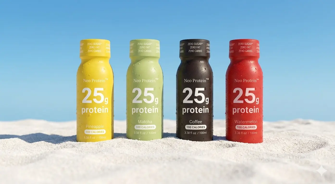 All four protein shot flavors - Matcha, Coffee, Pineapple, and Strawberry