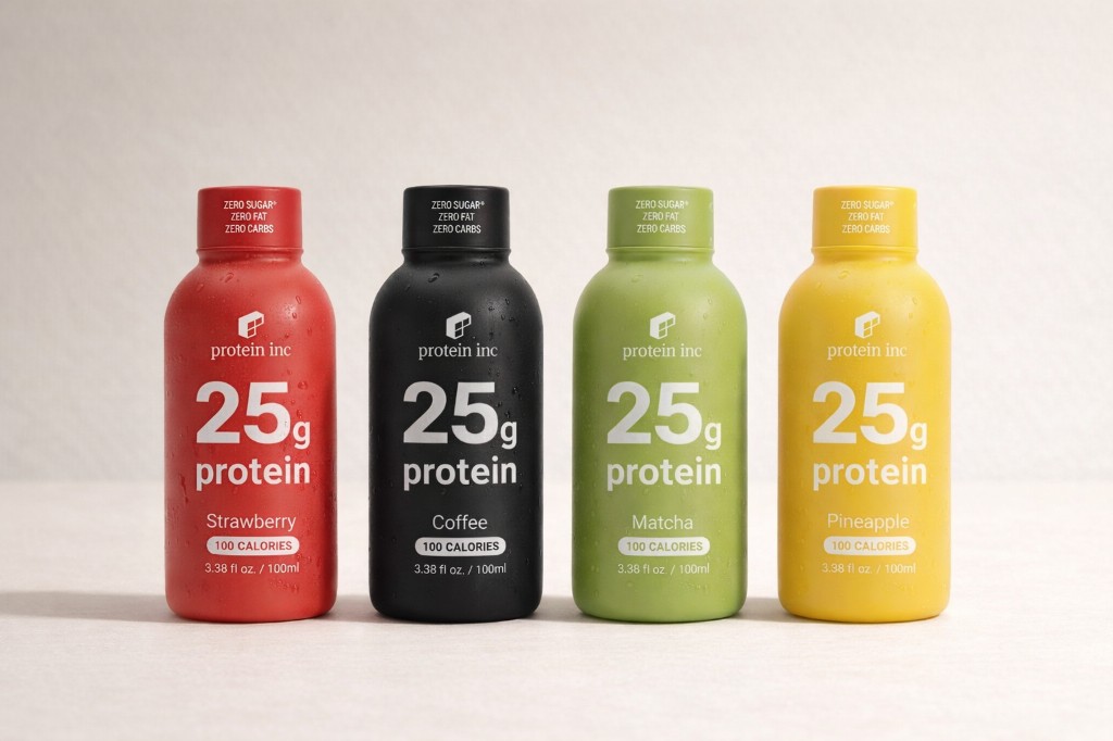 All four protein shot flavors - Matcha, Coffee, Pineapple, and Strawberry