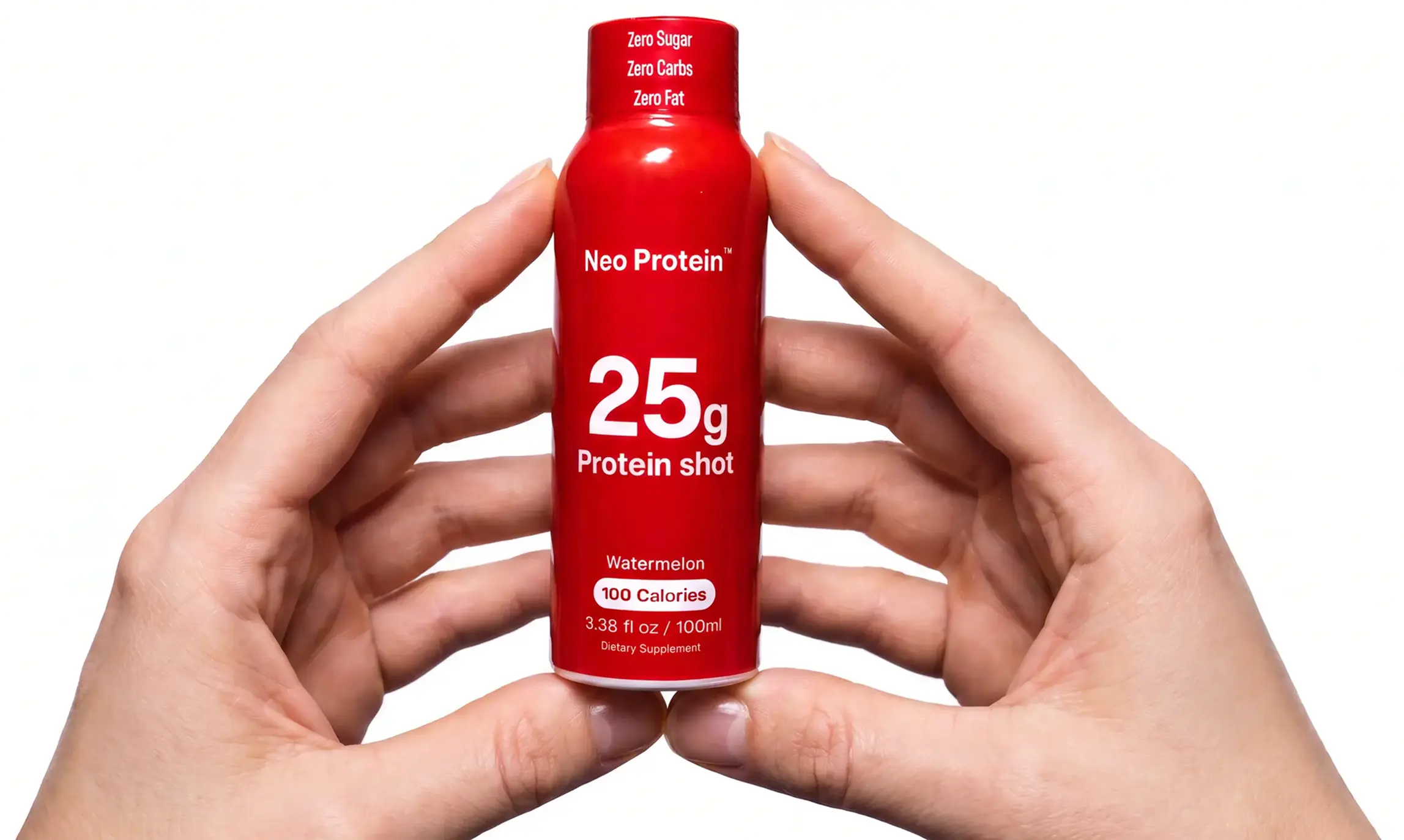 Hands holding a Neo Protein watermelon shot